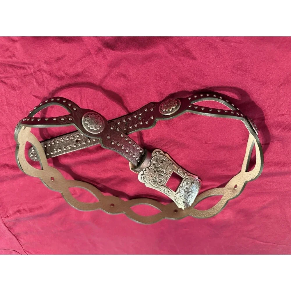 BELTWORKS Western Genuine Leather Brown Belt Silver Studded Scalloped Buckle 40